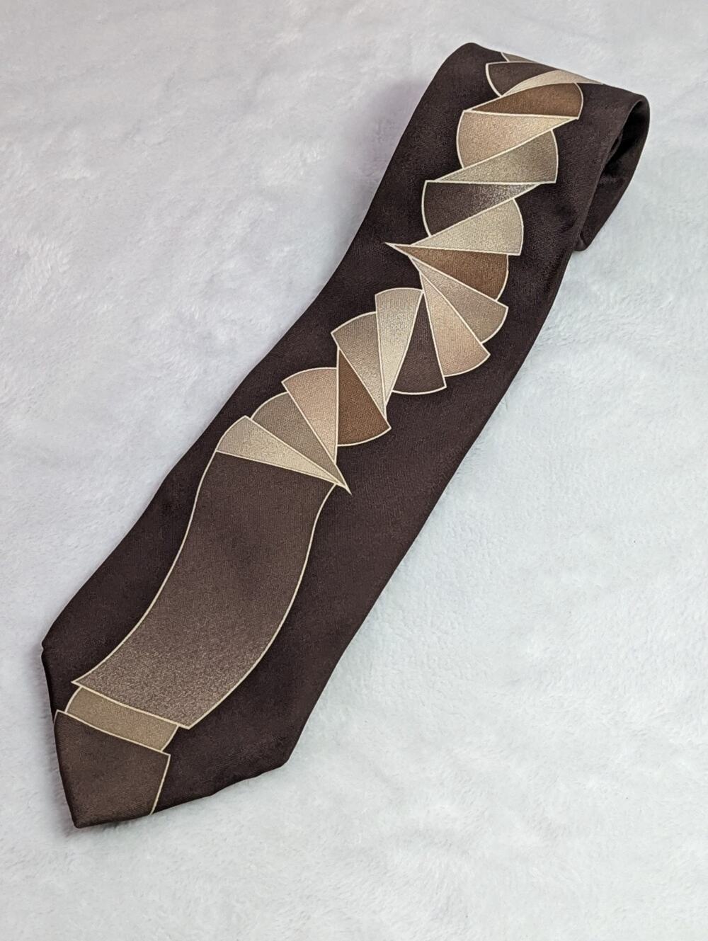Vintage Ferracci Silk Tie Brown Tan Geometric Ribbon 3D Art Deco Mens Necktie